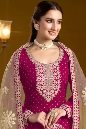 Rani pink embroidery chanderi butti anarkali suit