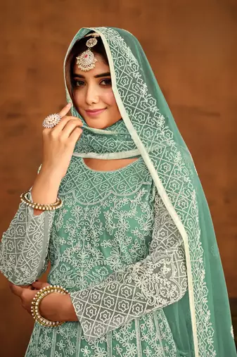 Sea-green embroidery net anarkali suit