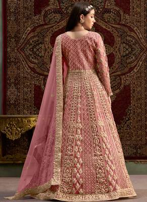 Peach embroidery net anarkali suit 2