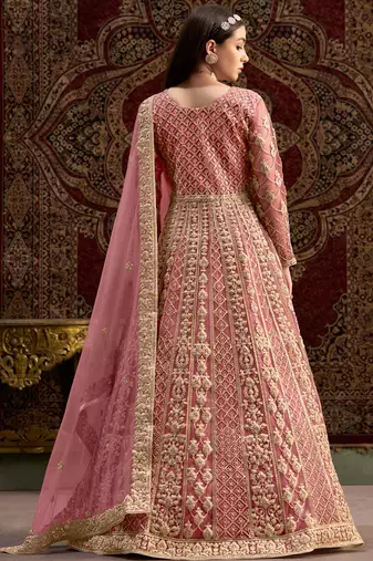 Peach embroidery net anarkali suit