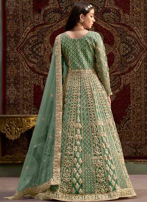 Teal blue embroidery net anarkali suit 2
