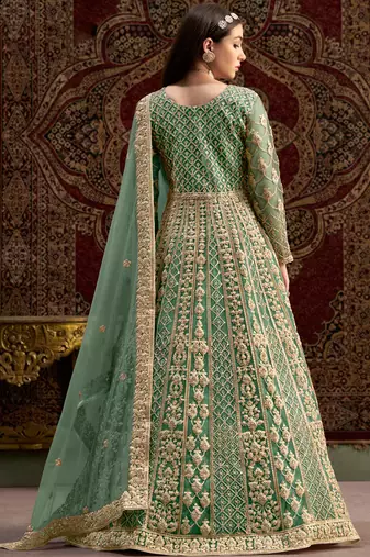 Teal blue embroidery net anarkali suit