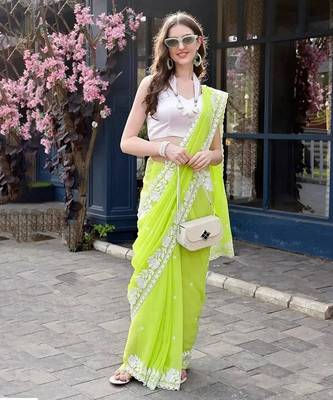 Lime green georgette embroidered saree 1