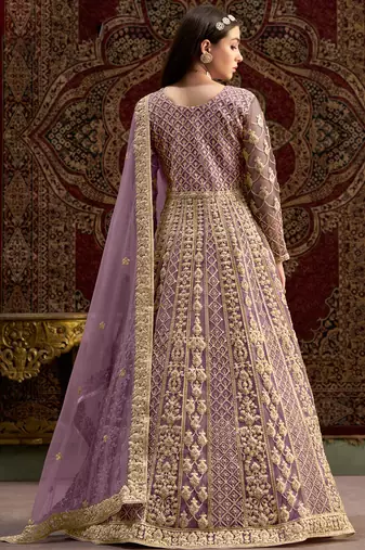Purple embroidery net anarkali suit