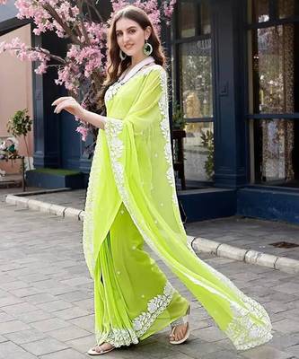 Lime green georgette embroidered saree 2