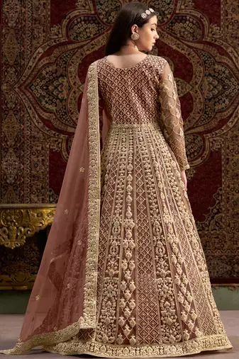 Brown embroidery net anarkali suit