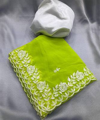 Lime green georgette embroidered saree 4