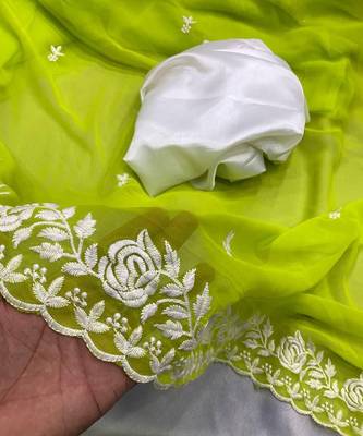 Lime green georgette embroidered saree 5