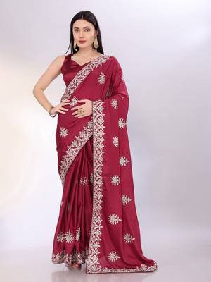 Elegant maroon chinon silk embroidered saree with matching blouse 1
