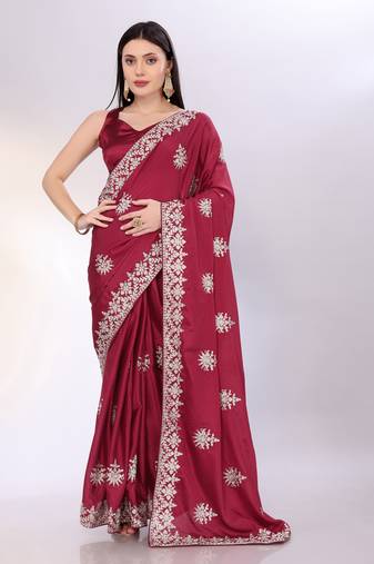 Elegant maroon chinon silk embroidered saree with matching blouse