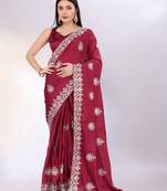 Elegant maroon chinon silk embroidered saree with matching blouse