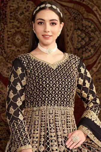 Black embroidery net anarkali suit