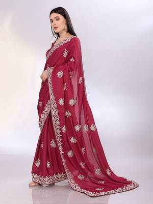 Elegant maroon chinon silk embroidered saree with matching blouse 2