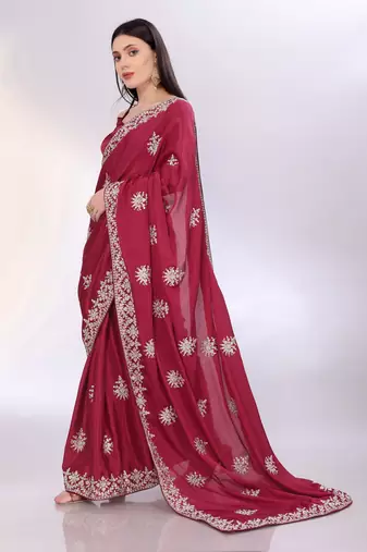 Elegant maroon chinon silk embroidered saree with matching blouse