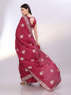 Elegant maroon chinon silk embroidered saree with matching blouse 3