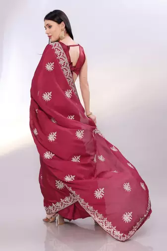 Elegant maroon chinon silk embroidered saree with matching blouse