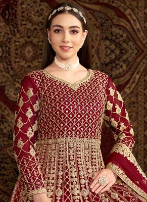 Maroon embroidery net anarkali suit 2