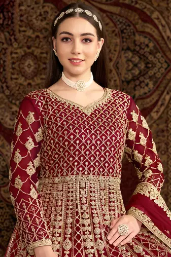 Maroon embroidery net anarkali suit