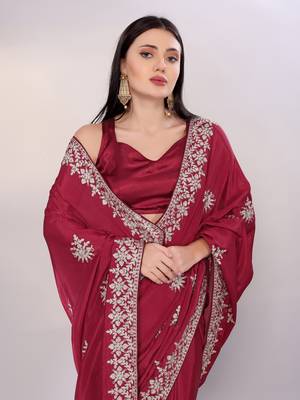 Elegant maroon chinon silk embroidered saree with matching blouse 4