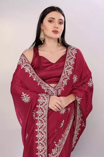 Elegant maroon chinon silk embroidered saree with matching blouse