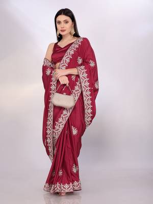 Elegant maroon chinon silk embroidered saree with matching blouse 5