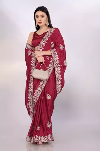 Elegant maroon chinon silk embroidered saree with matching blouse