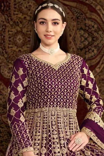 Purple embroidery net anarkali suit
