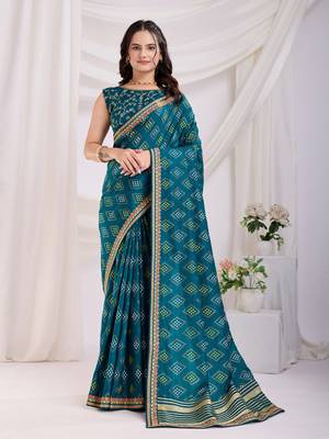 Teal bandhej print embroidery saree 1