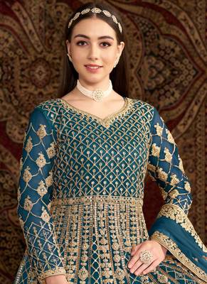 Teal blue embroidery net anarkali suit 2