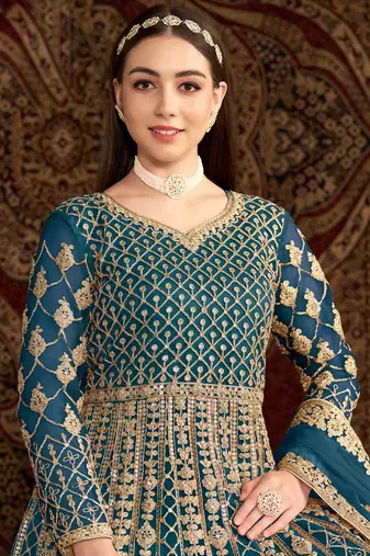 Teal blue embroidery net anarkali suit