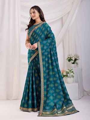 Teal bandhej print embroidery saree 2