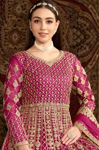 Pink embroidery net anarkali suit