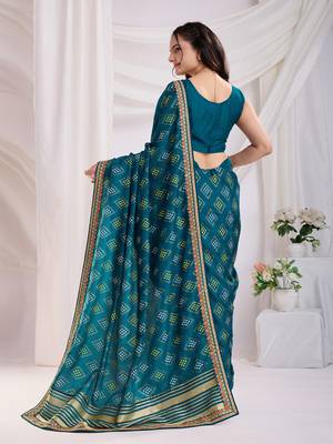 Teal bandhej print embroidery saree 3