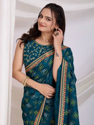 Teal bandhej print embroidery saree 4