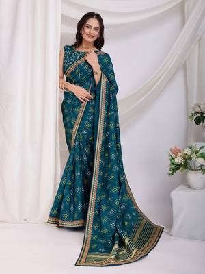 Teal bandhej print embroidery saree 5