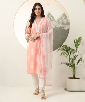 peach paisley,lace work straight kurta trouser dupatta set 1