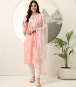 peach paisley,lace work straight kurta trouser dupatta set