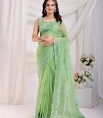 Pista twill net embroidered saree
