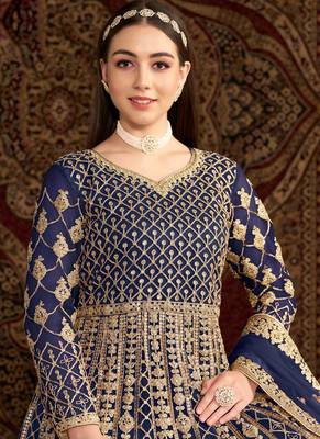 Royal blue embroidery net anarkali suit 2