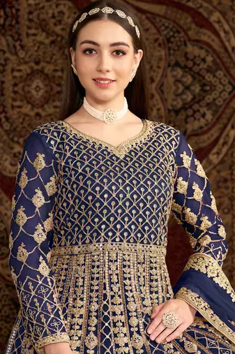 Royal blue embroidery net anarkali suit