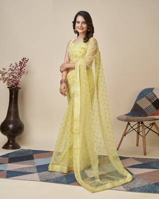 Yellow soft net saree with checks embroidery 1