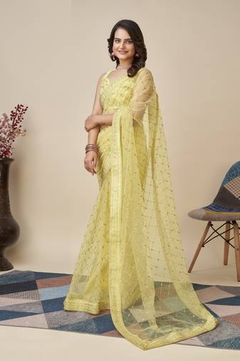 Yellow soft net saree with checks embroidery