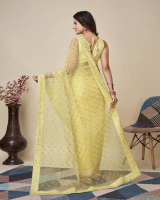 Yellow soft net saree with checks embroidery 2