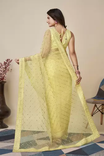 Yellow soft net saree with checks embroidery