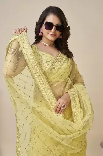 Yellow soft net saree with checks embroidery