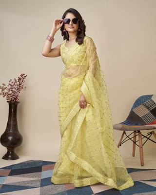 Yellow soft net saree with checks embroidery 4