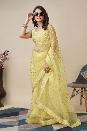 Yellow soft net saree with checks embroidery