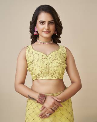 Yellow soft net saree with checks embroidery 5