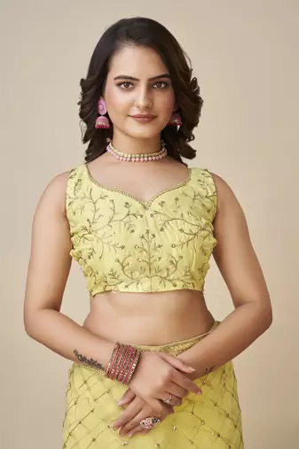 Yellow soft net saree with checks embroidery