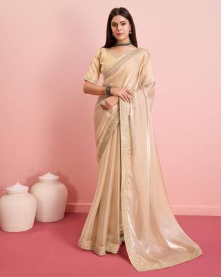 Soft tissue golden embroidered saree 1